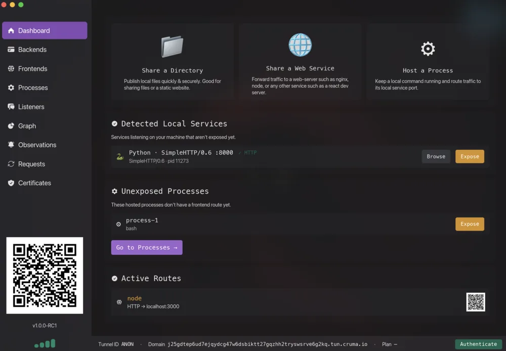 Cruma desktop app — request inspection and tunnel controls