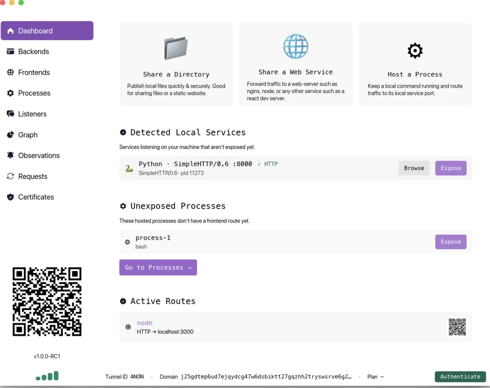 Cruma desktop app — request inspection and tunnel controls