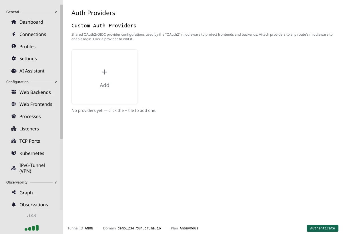 The Auth Providers page with an empty list and a plus tile to add a provider