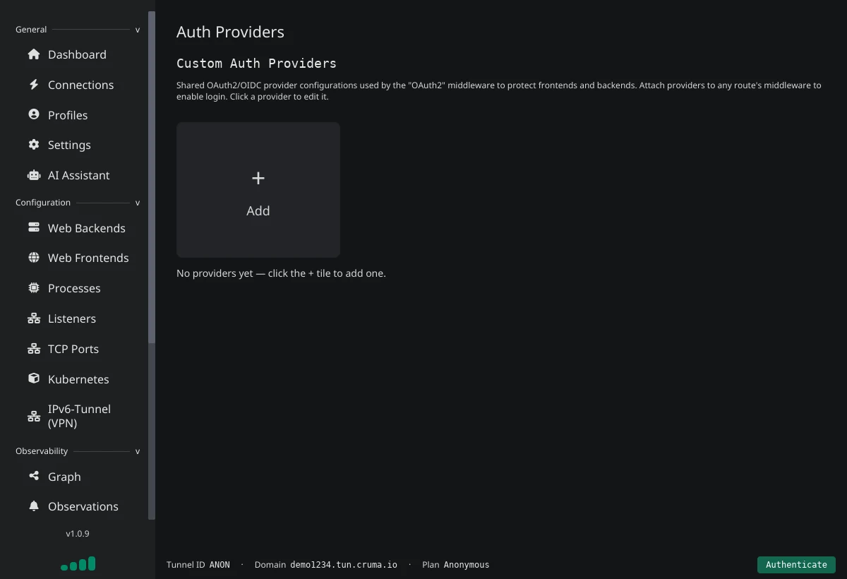 The Auth Providers page with an empty list and a plus tile to add a provider