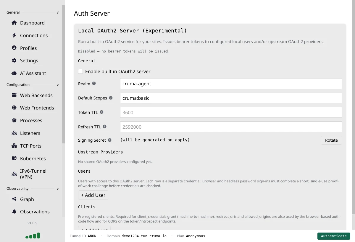 The Auth Server page, Local OAuth2 Server (Experimental), disabled, with realm, scopes, token lifetimes, users and clients