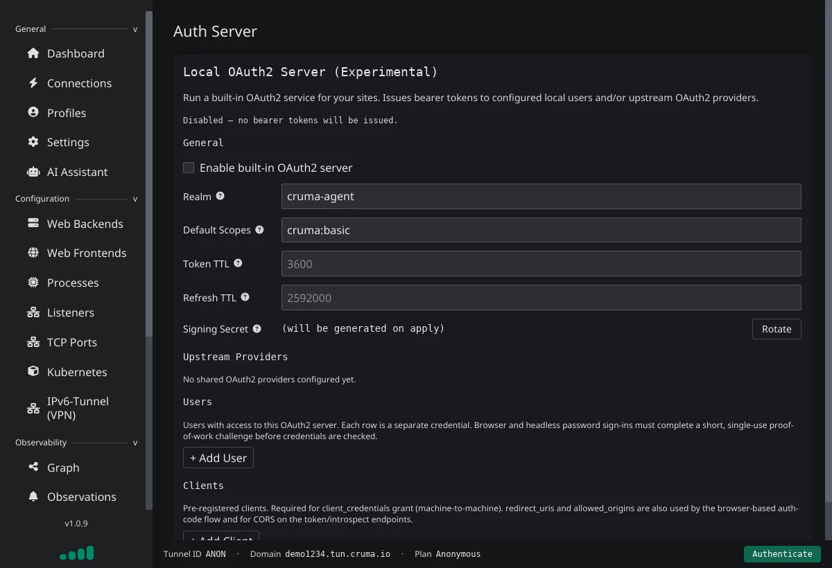 The Auth Server page, Local OAuth2 Server (Experimental), disabled, with realm, scopes, token lifetimes, users and clients