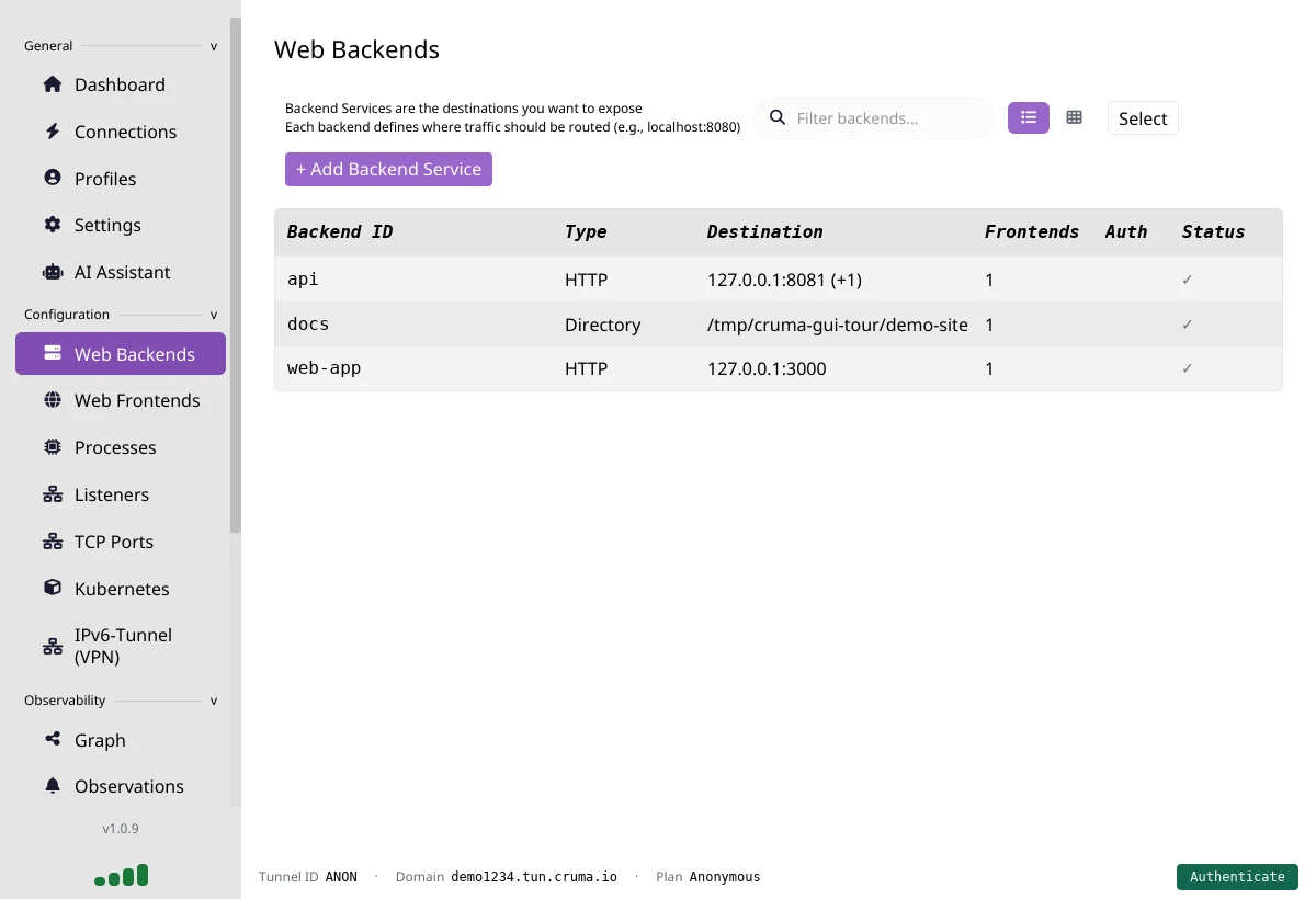 The Web Backends page listing api (HTTP, two upstreams), docs (Directory) and web-app (HTTP 127.0.0.1:3000)