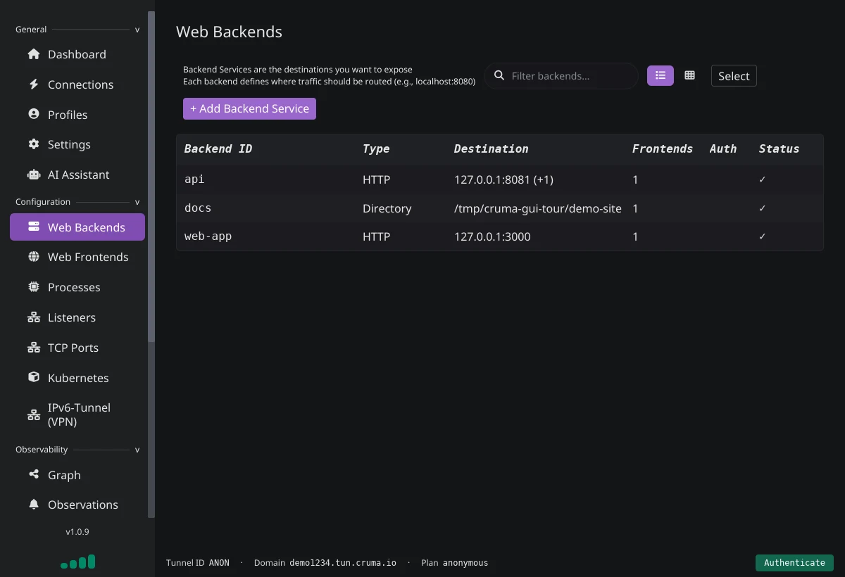 The Web Backends page listing api (HTTP, two upstreams), docs (Directory) and web-app (HTTP 127.0.0.1:3000)