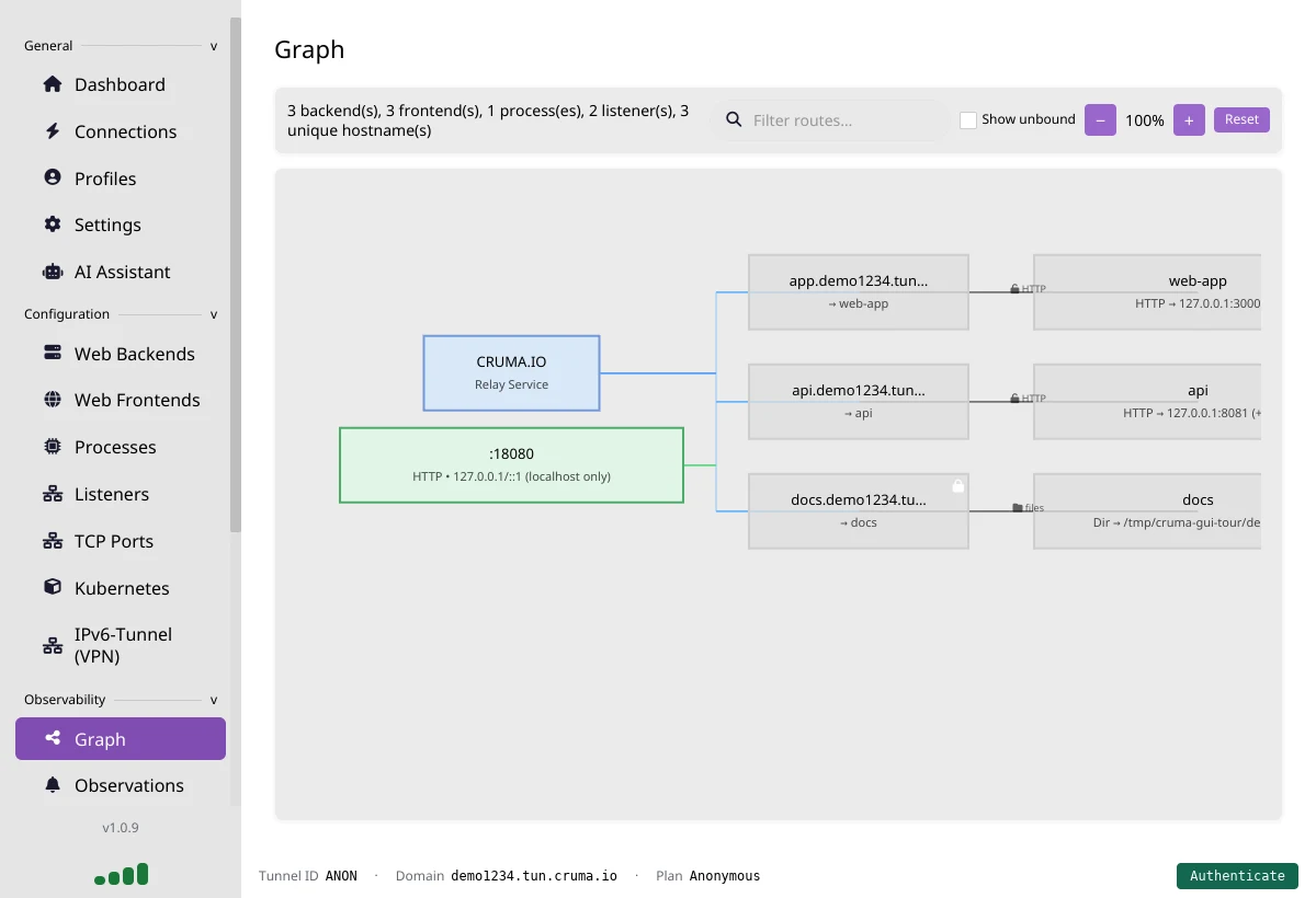 The Graph page showing the Cruma relay and a local port 18080 listener connected to frontends app, api and docs, each linked to a backend