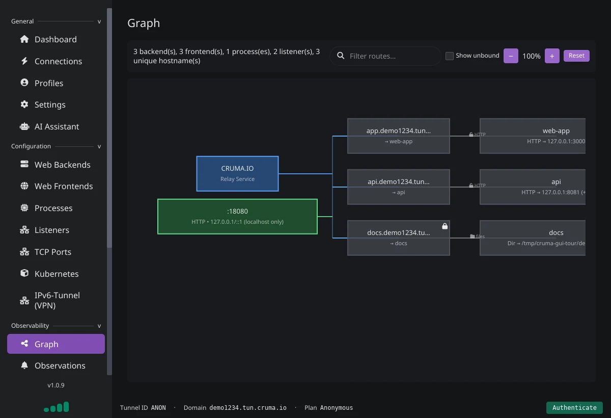 The Graph page showing the Cruma relay and a local port 18080 listener connected to frontends app, api and docs, each linked to a backend