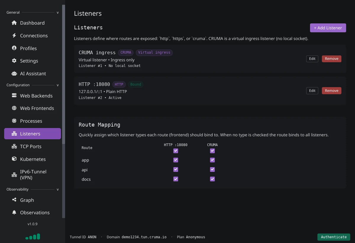 The Listeners page showing a CRUMA ingress virtual listener, an HTTP listener on port 18080 marked Bound, and a Route Mapping table
