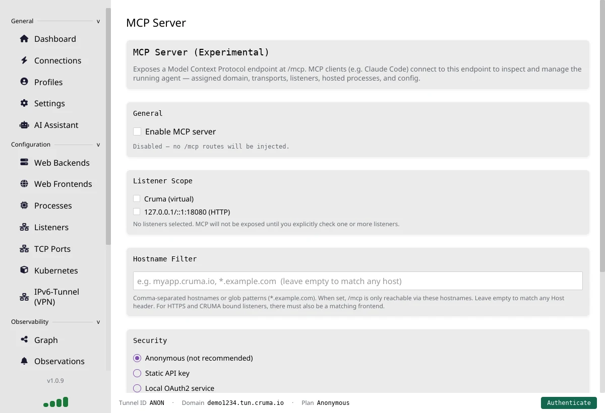 The MCP Server page, marked Experimental, disabled, with listener scope, hostname filter and security options