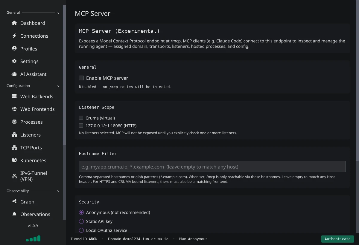 The MCP Server page, marked Experimental, disabled, with listener scope, hostname filter and security options