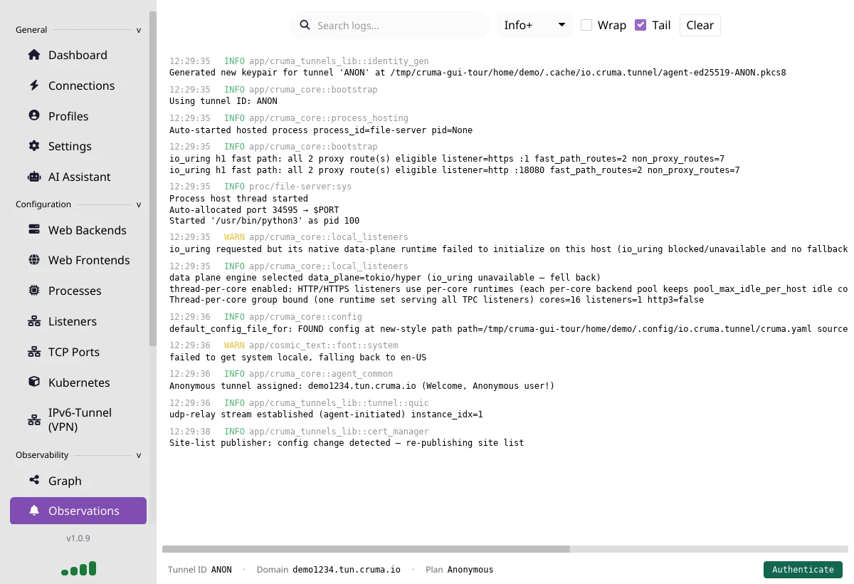 The Observations page showing a scrolling log of agent startup messages with a search box and log level filter