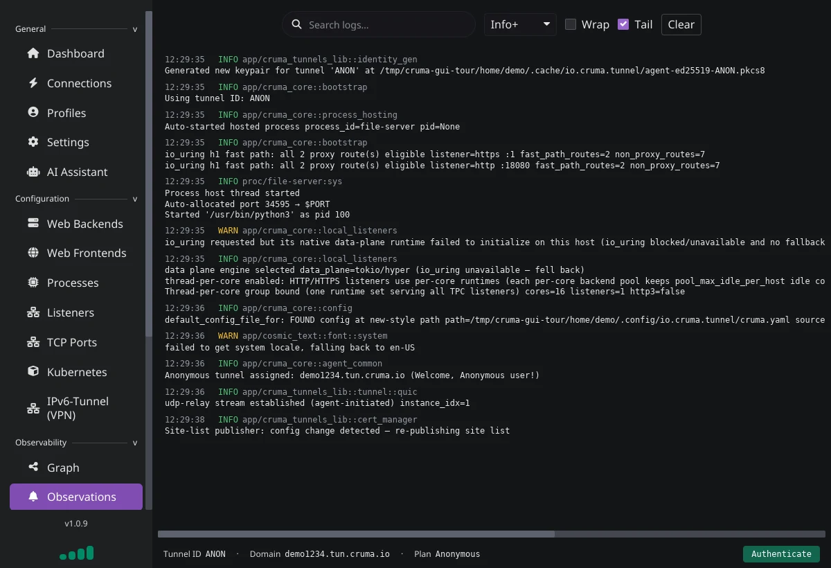 The Observations page showing a scrolling log of agent startup messages with a search box and log level filter