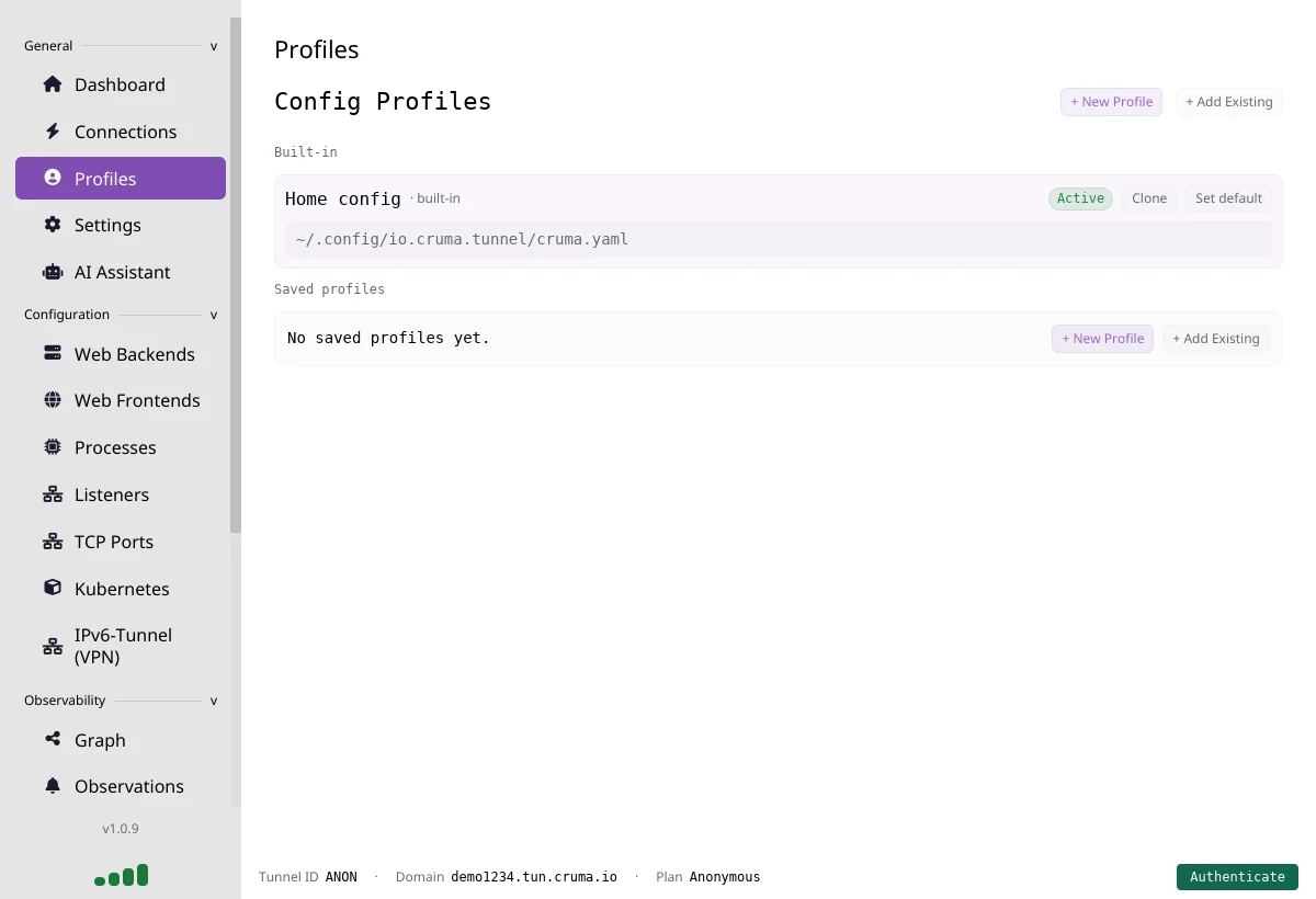 The Profiles page with a built-in Home config marked Active and no saved profiles