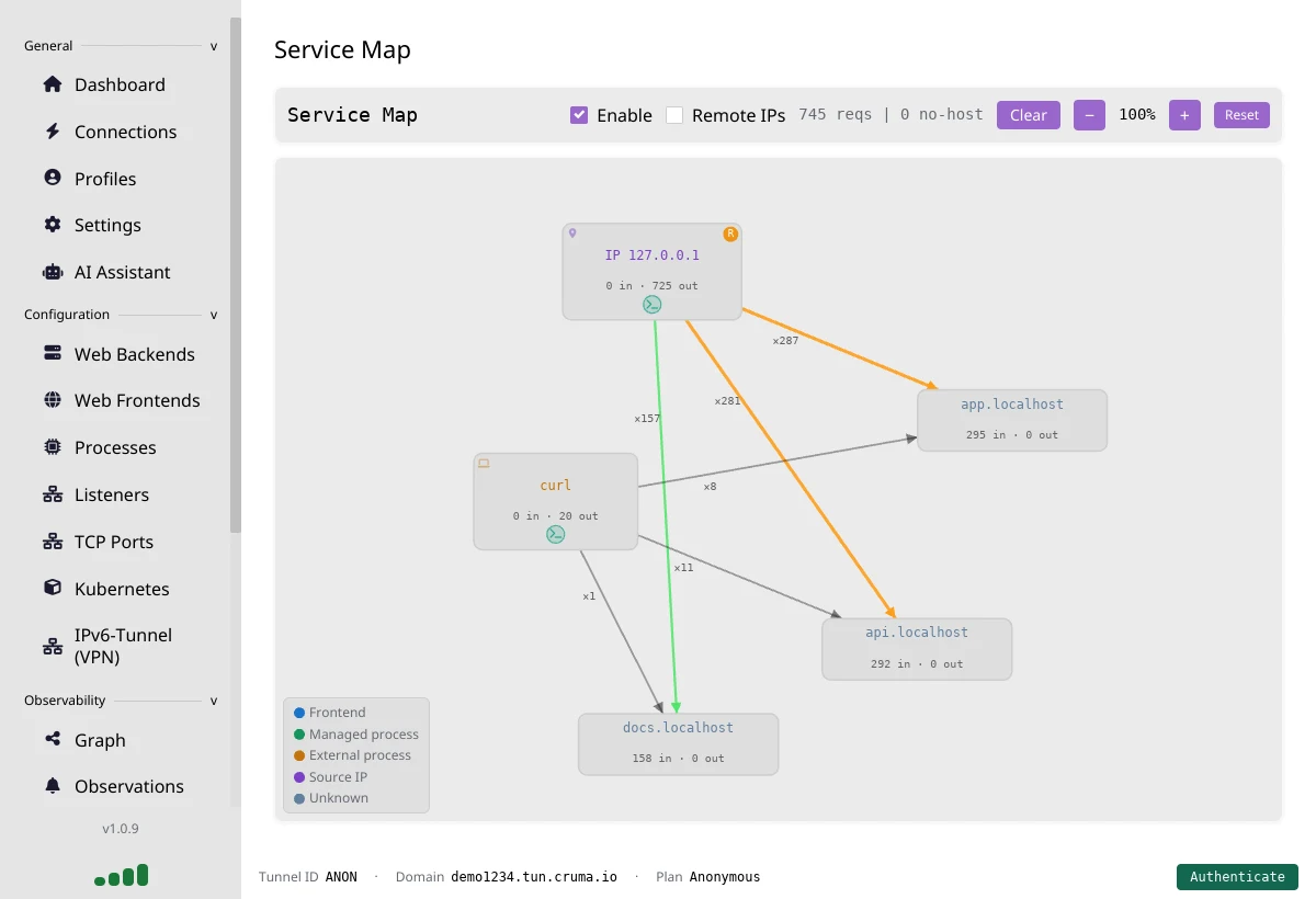 The Service Map page showing source nodes IP 127.0.0.1 and curl with arrows to app.localhost, api.localhost and docs.localhost labelled with request counts