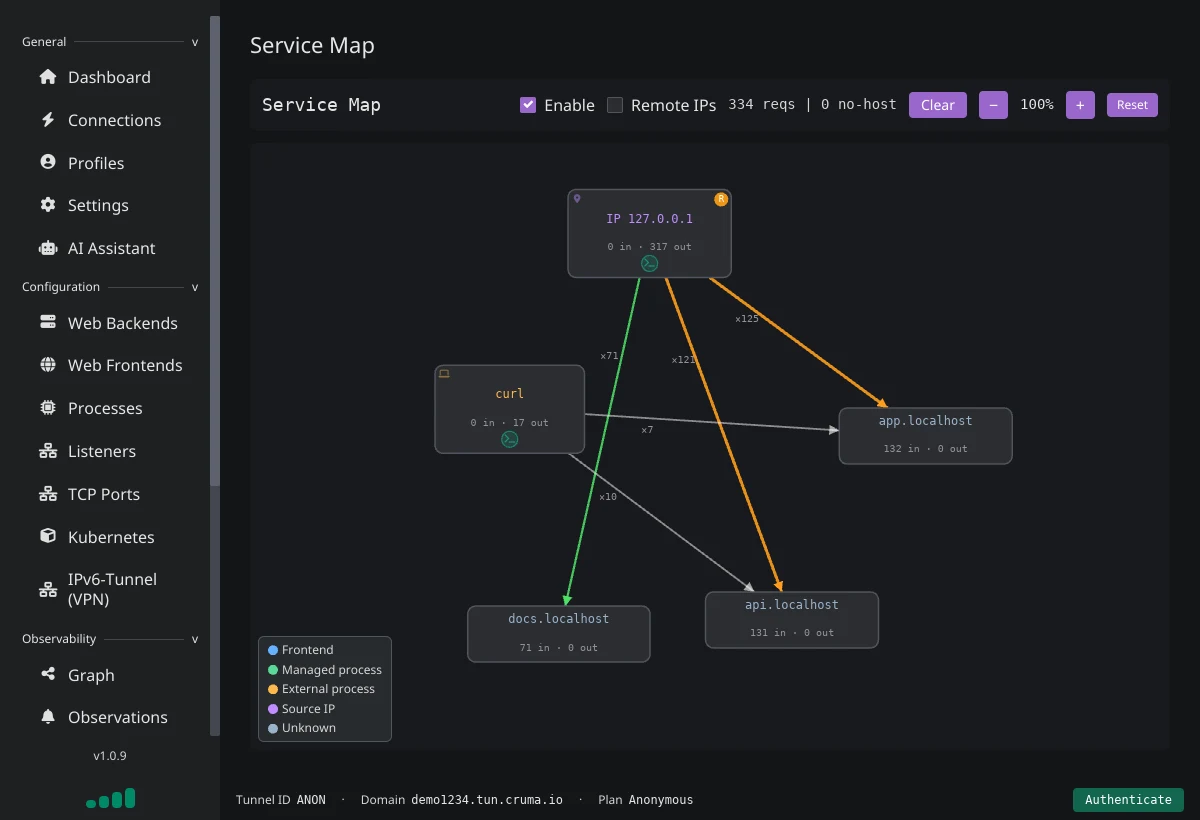 The Service Map page showing source nodes IP 127.0.0.1 and curl with arrows to app.localhost, api.localhost and docs.localhost labelled with request counts