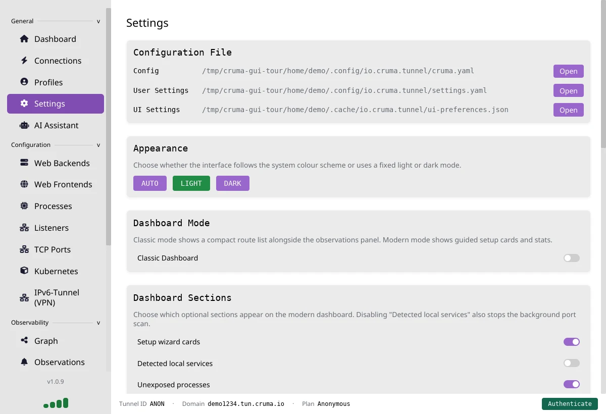 The Settings page with configuration file paths, Appearance buttons Auto, Light and Dark, Dashboard Mode, and Dashboard Sections toggles