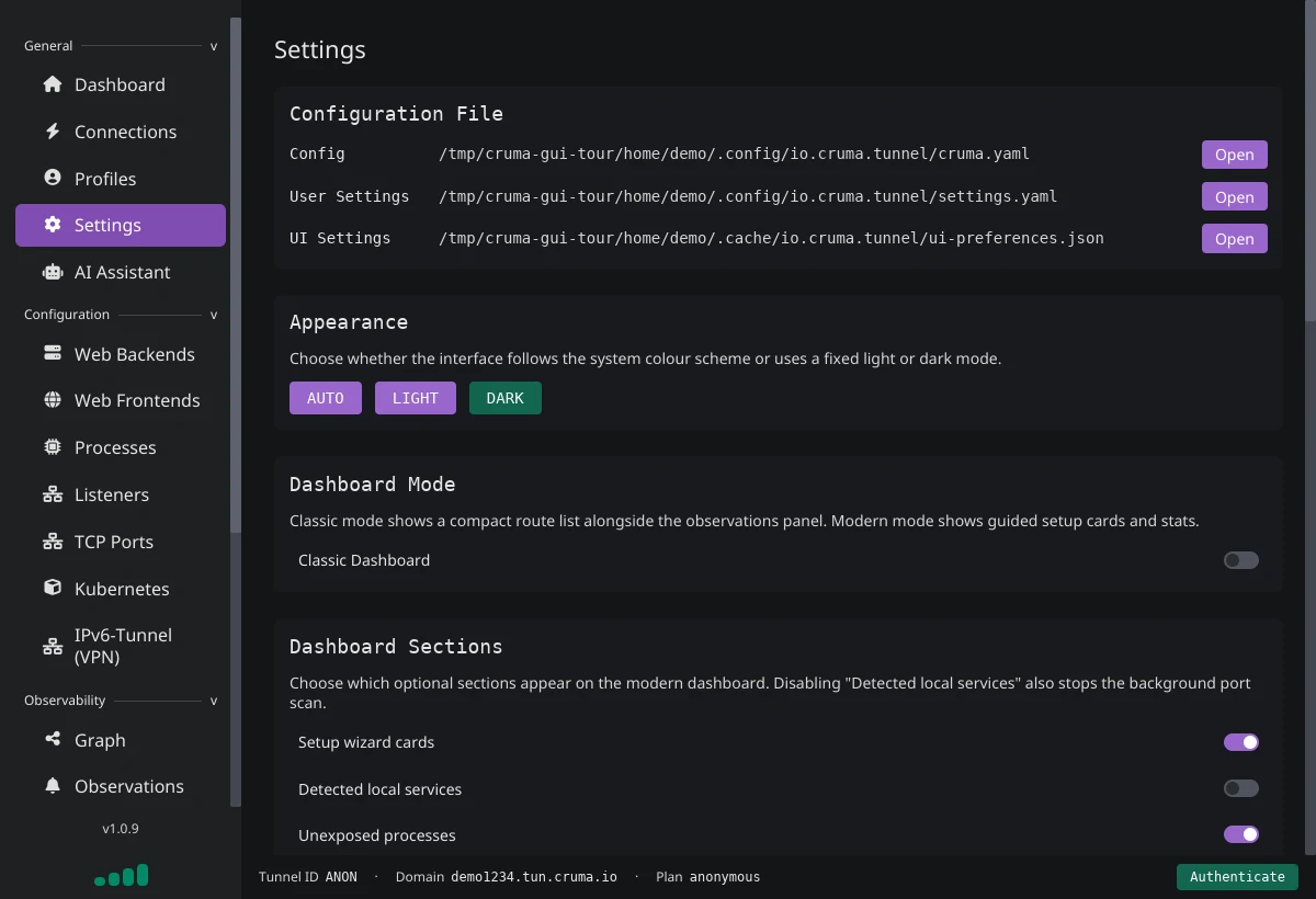 The Settings page with configuration file paths, Appearance buttons Auto, Light and Dark, Dashboard Mode, and Dashboard Sections toggles