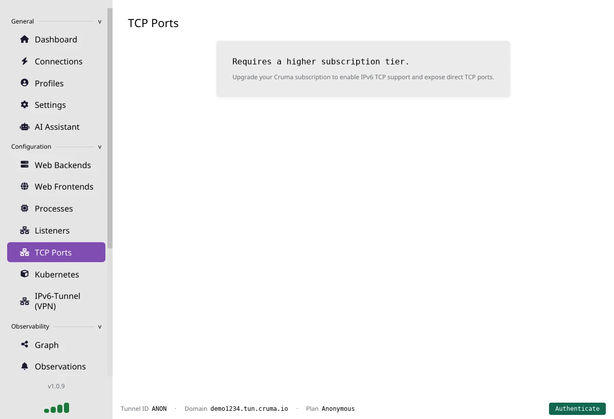 The TCP Ports page showing the message Requires a higher subscription tier