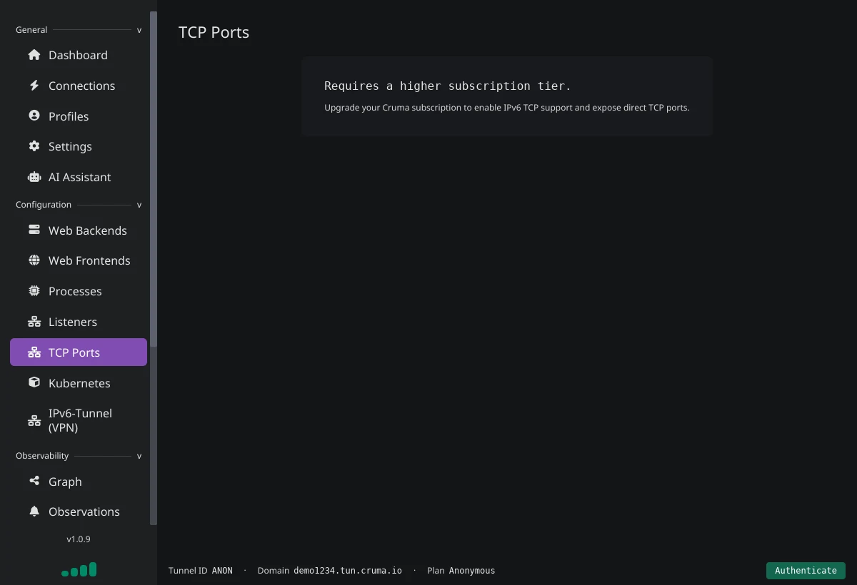 The TCP Ports page showing the message Requires a higher subscription tier