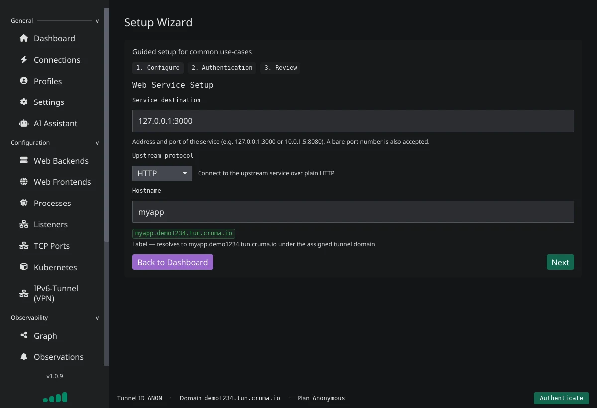 The desktop app's Setup Wizard, where you enter your service address and a hostname