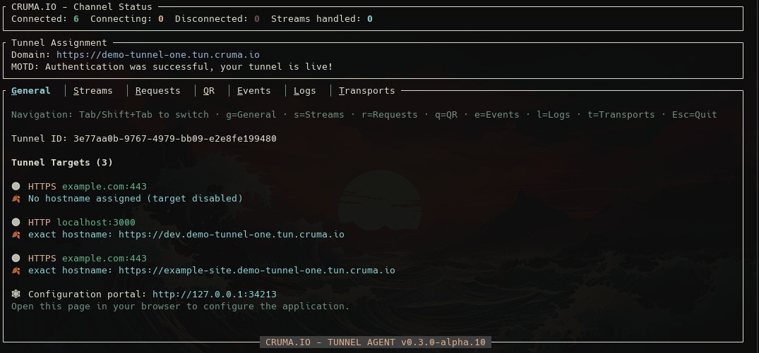 Cruma terminal UI showing tunnel status
