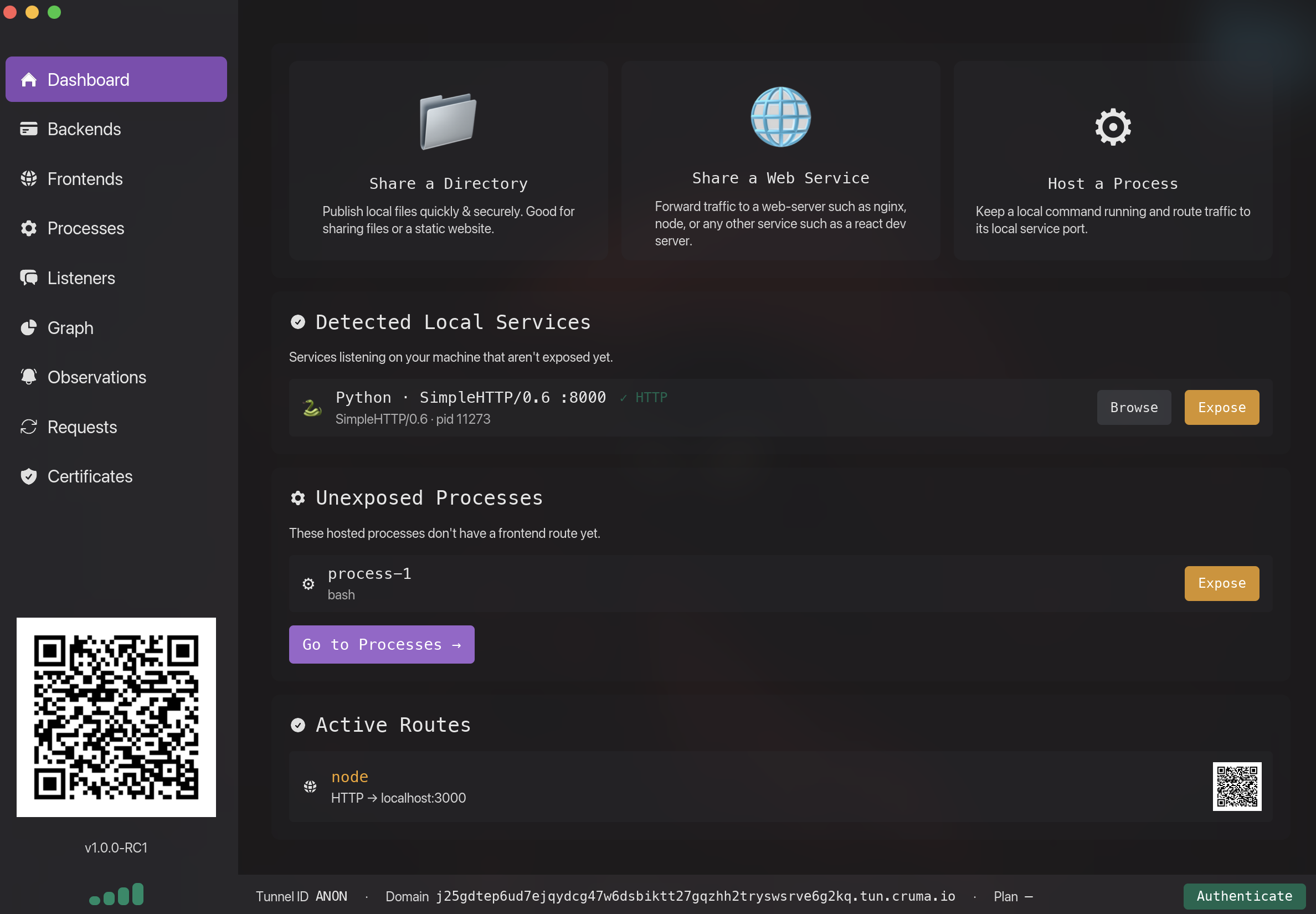 Cruma desktop GUI showing request inspection and tunnel controls
